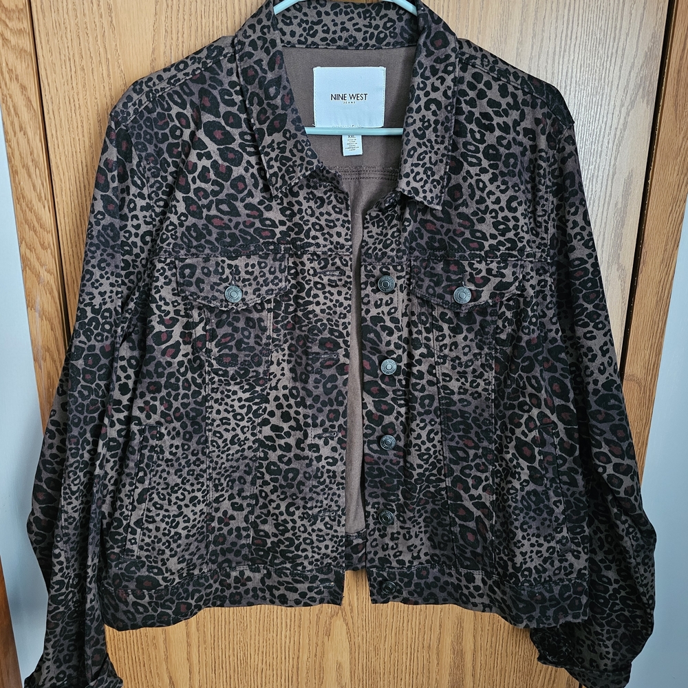 Nine West Women's Leopard Print Jean Jacket - Black and Brown